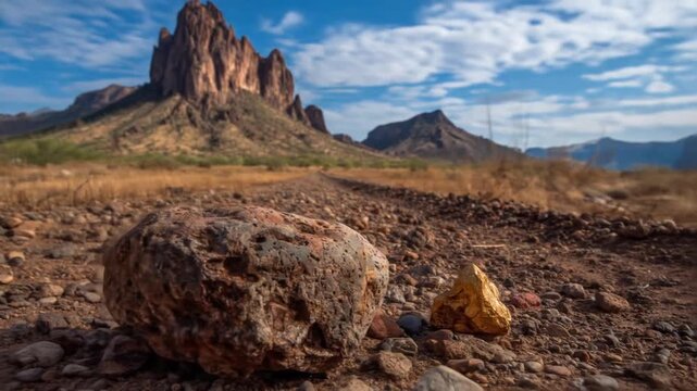 Focus on gold nugget and a rock in a desert landscape with majestic mountains and a clear sky