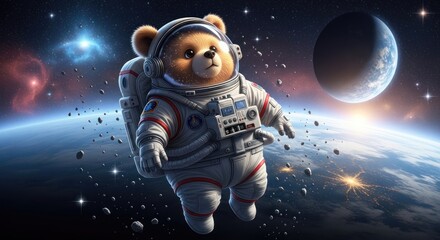 Adorable teddy bear astronaut floating in space with earth view creating wonder