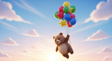 Adorable teddy bear soars through the pastel sky holding onto colorful balloons creating whimsical