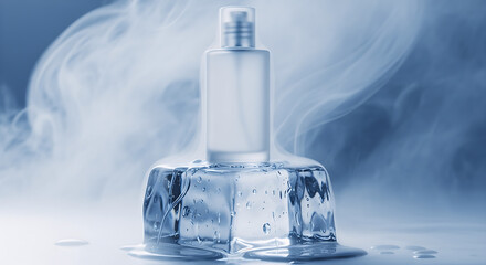Blank Cosmetic Bottle Mockup on Ice Cube with Mist