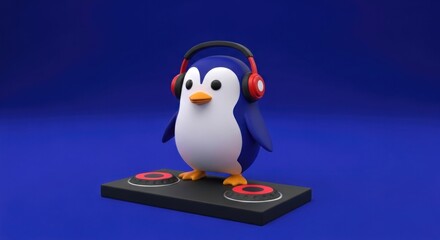 Animated DJ penguin with headphones and turntable against a blue background scene