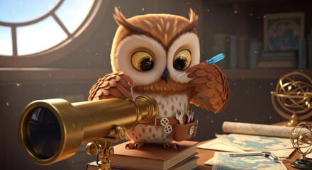 Animated wise owl character repairing a telescope in a cozy astronomer's study
