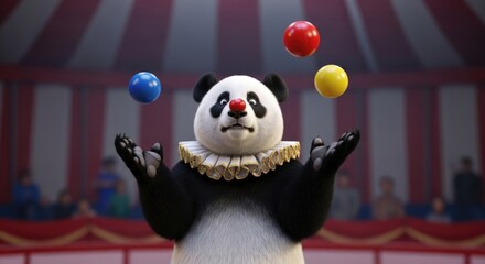 Animated panda clown juggling balls in a circus tent illustration art piece