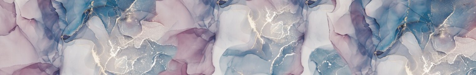 Soft watercolor marble texture in blue, violet, and gold tones with shimmering metallic accents, elegant abstract design for modern panel decor