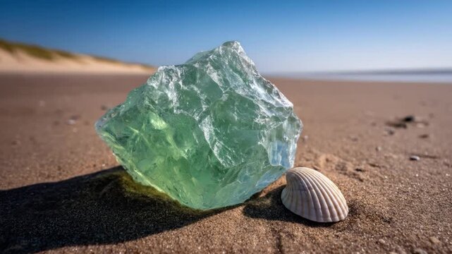 A luminescent green-blue rock and seashell rests on a sandy beach. The sky is bright blue