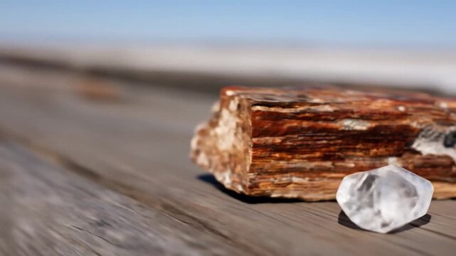 A clear crystal sits on weathered wood with a section of petrified wood against a blurred landscape