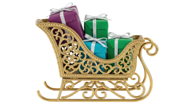 Isolated ornamental gold sleigh with Christmas presents for sale or commercial use
