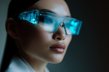 Asian Woman wearing futuristic glasses with advanced technology. Life of the future. Glasses with artificial intelligence. AI concept