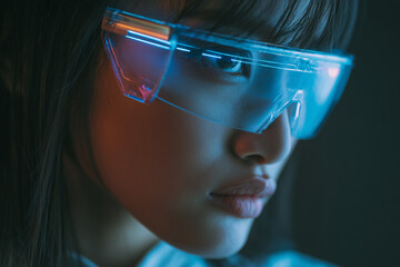 Asian Woman wearing futuristic glasses with advanced technology. Life of the future. Glasses with artificial intelligence. AI concept