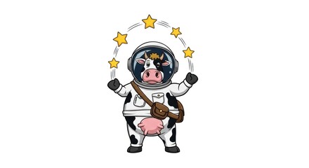 Cartoon astronaut cow juggling stars isolated on white background adorable fun character for kids