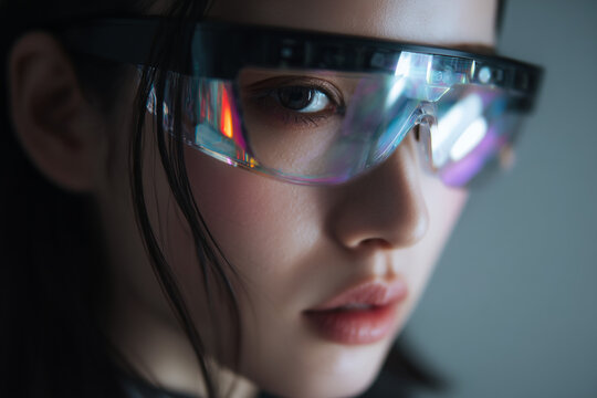 Asian Woman wearing futuristic glasses with advanced technology. Life of the future. Glasses with artificial intelligence. AI concept