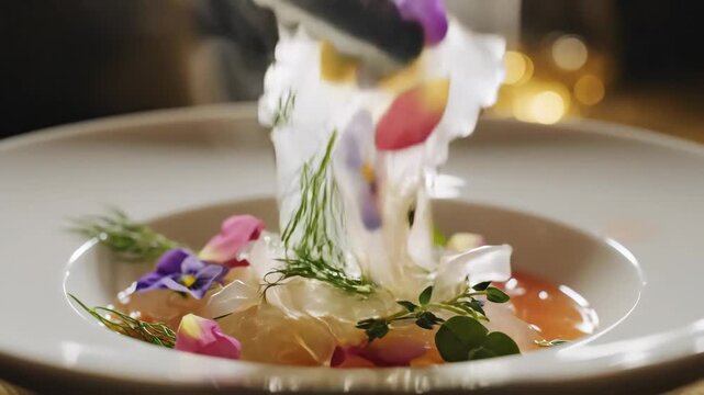 Chef's hand using tongs to carefully arrange vibrant edible flowers and fresh herbs on a delicate gourmet meal, as a light pink sauce pours into the white bowl, creating an artful presentation