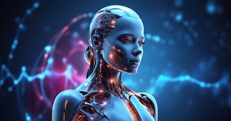 Captivating close-up of a sleek, beautiful female android with glowing blue accents, emphasizing the merging of synthetic design and realistic human form.