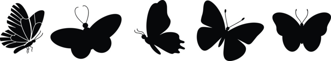 Butterfly silhouette collection, wing variations, insect shapes, black outlines, nature illustration, flying pose, artistic design, graceful form, species comparison, decorative element