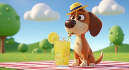 Cartoon dog drinking lemonade on a picnic blanket with summer background scene