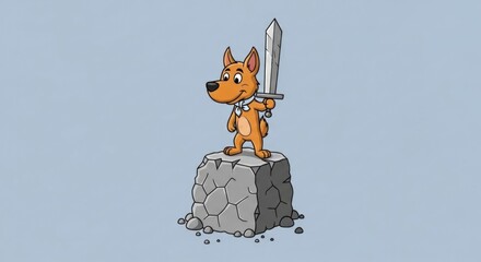 Cartoon dog knight standing atop a stone pedestal holding a mighty sword high above