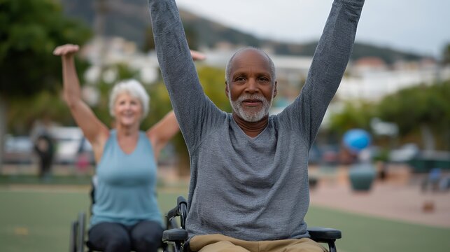 Inclusive outdoor fitness scene showing seniors, wheelchair users, and young adults exercising together in a green community park — representing accessible health initiatives, diversity in