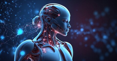 Striking portrait of a futuristic robotic woman, featuring intricate metallic details and intense blue lighting, contrasted against a dynamic,