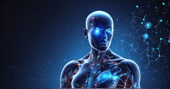 Powerful portrait of a futuristic robotic man, showcasing detailed metallic structure and dramatic blue illumination against a subtly blurred, high-tech backdrop.