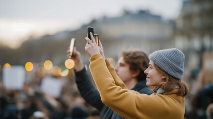 Environmental activists across continents projecting holographic protest banners simultaneously in city squares — concept of global teamwork, technology-enabled activism, and collaborative