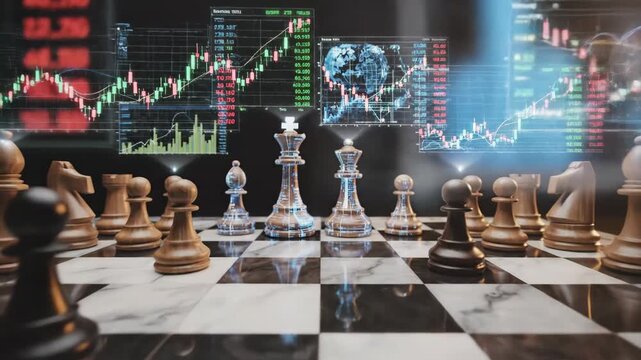 Chess pieces standing on a chessboard with holographic financial charts and trading graphs illustrating strategic investment decisions and market analysis for economic growth