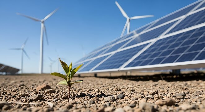 Renewable energy concept: wind turbines, solar panels, and a growing plant
