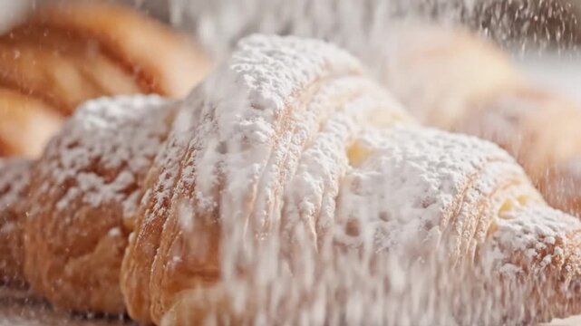 Powdered sugar falling gently onto a golden brown croissant, a moment of pure culinary delight and pastry perfection