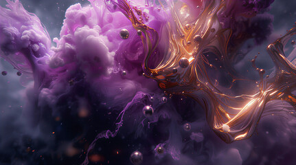 Glowing purple and gold abstract cloud with fluid motion and metallic highlights, creating a dreamy futuristic energy background.