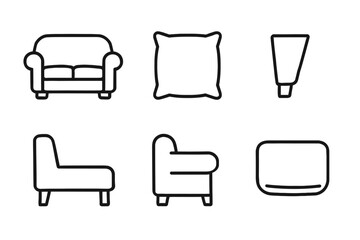 Minimalist furniture icons: sofa, cushion, tube, chair, armchair, ottoman collection