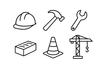 Fototapeta premium Construction tools and equipment icons including hard hat, hammer, wrench, brick, cone, and crane