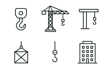 Fototapeta premium Construction icons: crane, hook, building designs in simple line art