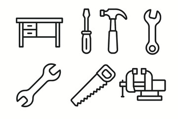 Obraz premium Outline icons of workbench and tools set for diy projects