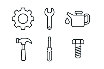 Set of outline icons: gear, wrench, oil can, hammer, screwdriver, bolt