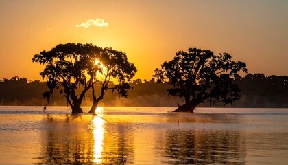 Golden Hour Serenity - Trees Silhouetted Against a Reflective Lake at Sunset.