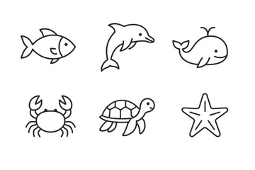 Cartoon marine animals collection: fish, dolphin, whale, crab, turtle, starfish