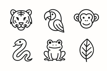 Obraz premium Black and white outline icons of tiger, parrot, monkey, snake, frog, and leaf