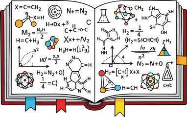 Open Book Displays Chemical Formulas Molecular Structures and Graphs on White Pages