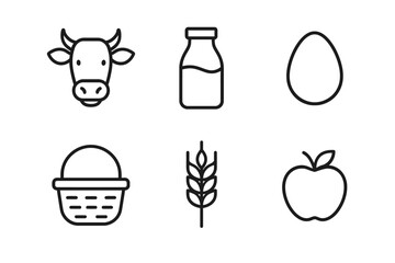 Set of icons: cow, milk, egg, basket, wheat, apple – agricultural theme