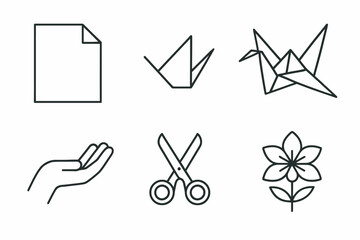 Origami symbols: paper, crane, hand, scissors, flower line art
