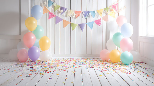 Pastel balloons and festive bunting adorn a confetti strewn party scene pastel colors - Powered by Adobe