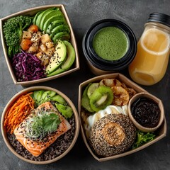 Variety of healthy food bowls, juice, and smoothie on a dark surface