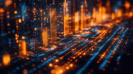 Abstract digital cityscape, illuminated with blue and orange light