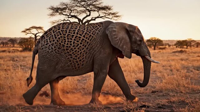 Elephant with leopard-print skin strides across african savanna at sunset, a surreal hybrid creature blending strength and grace in golden-hour wilderness, mysterious and majestic