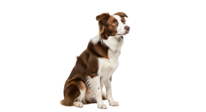 Isolated brown and white Border Collie dog sitting and looking to the right side view