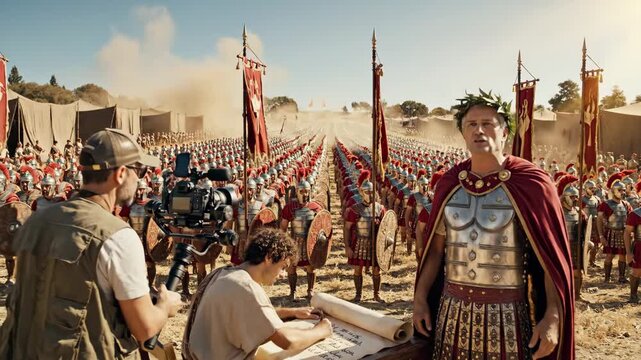 Cinematographer operating a camera rig while filming an actor dressed as a roman general instructing a scribe, all surrounded by an army of costumed extras on a large historical movie set