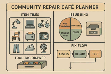 Obraz premium Community repair café planner diagram: efficient organization and problem solving strategies