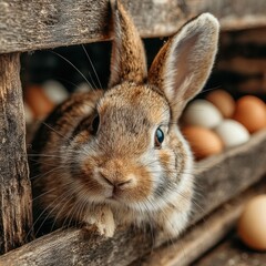 Fluffy brown rabbit peeks out of a rustic wooden crate, eggs in background
