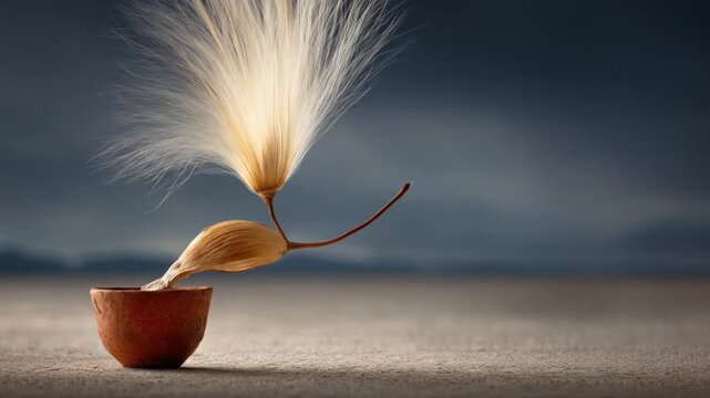 A natural composition a seed pod with delicate filaments poised over a clay cup against a blurred backdrop