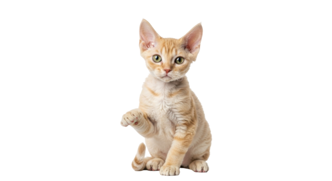 Isolated Devon Rex kitten raises paw, looking at camera, feline curiosity, adorable pet