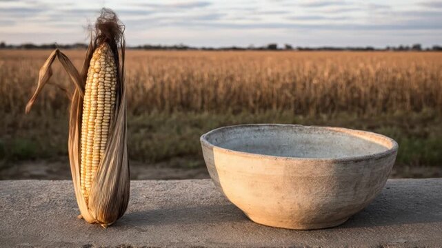 A dried ear of corn with an open husk, next to a ceramic bowl, in front of a grain field